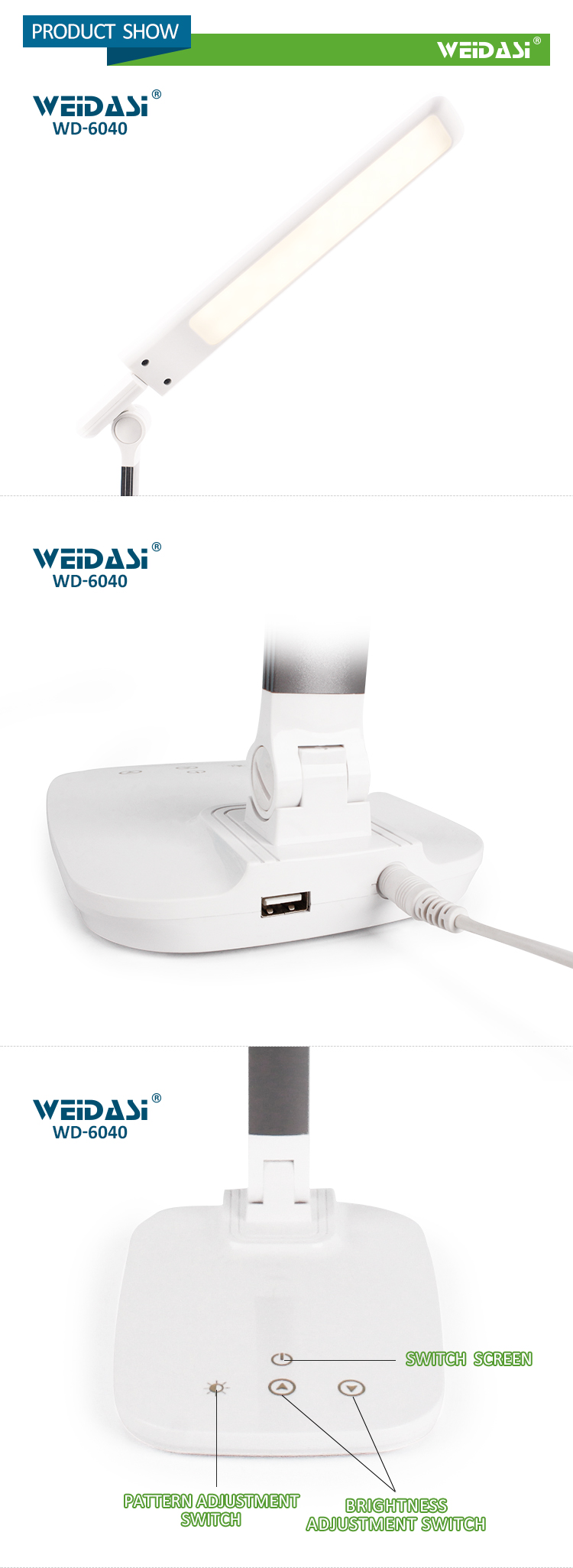 weidasi customized recharge led desk touch table reading lamp