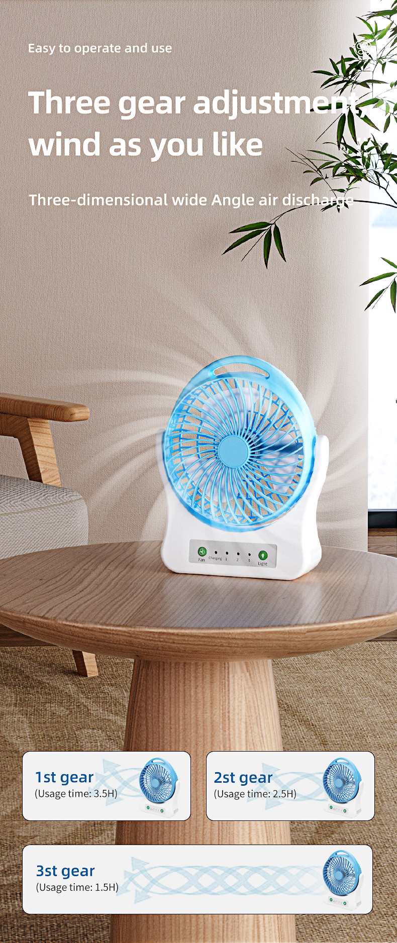 factory price electric 3 speed control usb table fan portable mini hand rechargeable fan with light