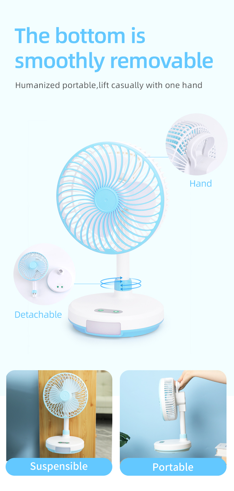 3 gears wind usb output port battery rechargeable table fan with light stand electric fan