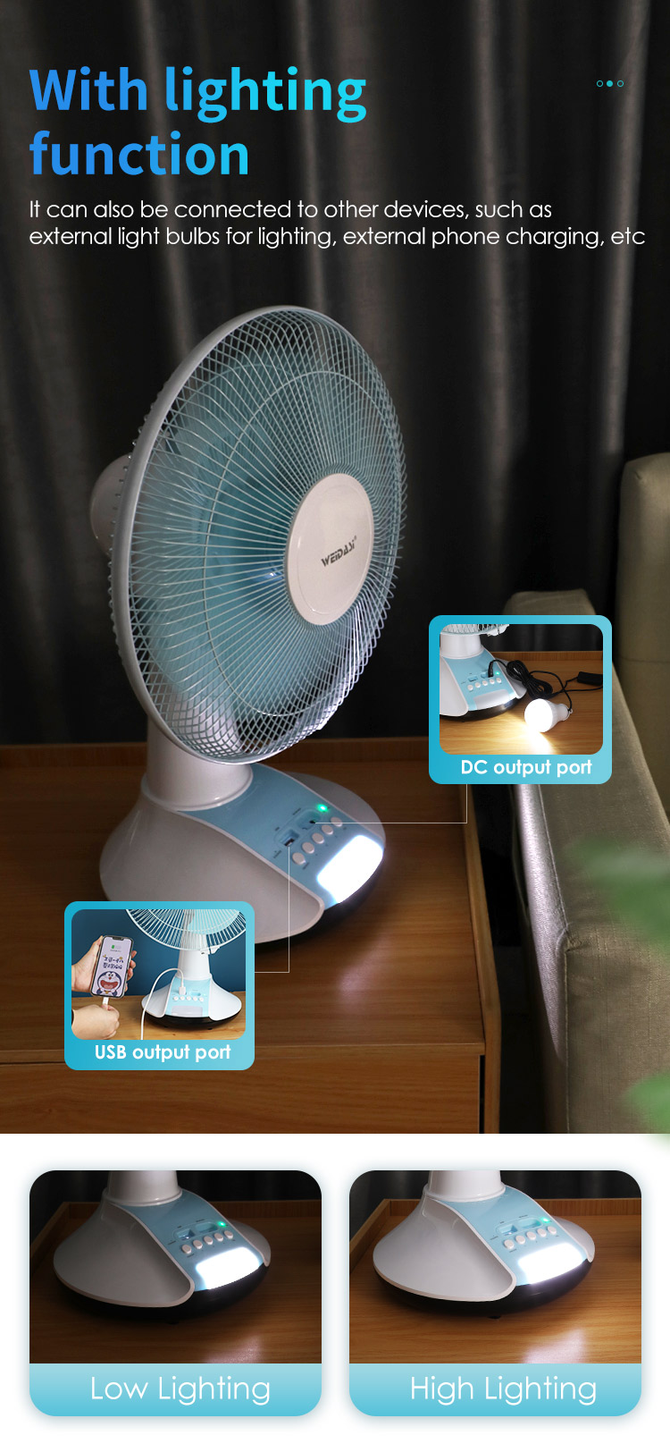 rechargeable solar table fan emergency fan with solar battery table fan with led light